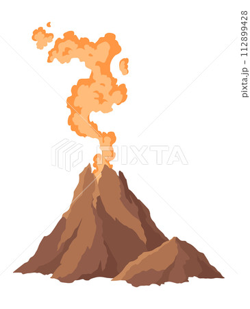 Volcano icon. Magma nature blowing up with smoke. An awakened vulcan activity fire and smoke element. Volcano eruption. Flat cartoon vector isolated illustration 112899428