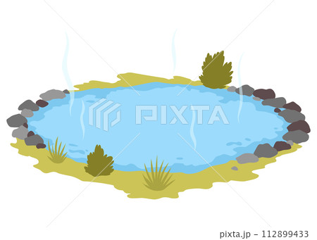 Japanese outdoor onsen pool with hot spring water vector illustration. Cartoon isolated traditional pond with rocks of spa resort in Japan, natural geothermal onsen bath for relax and bathing 112899433
