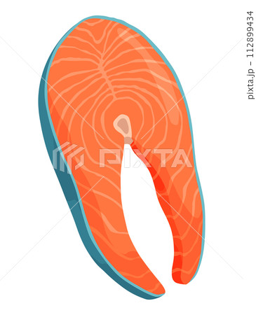 Red fish salmon steak. Omega-3 product. Flat vector illustration isolated on white background Red fish salmon steak. Omega-3 product. Flat vector illustration isolated on white background 112899434