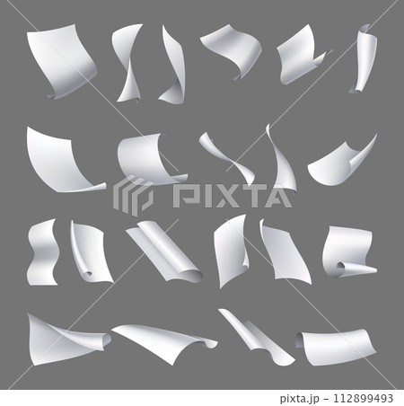 Flying paper pages, icon set. Falling papers documents sheets. Curved corner and fly page sheet. Scattered office sheets in motion. Vector cartoon illustration 112899493