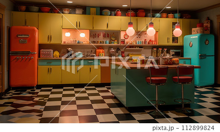 AI-generated content. A stylish retro kitchen featuring vibrant vintage appliances, chic furniture, and classic checkered flooring 112899824