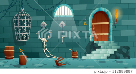 Vector cartoon medieval prison, torture objects. Wooden bunks, barrel, pillory for punishment, window in jail and other elements isolated on white 112899897