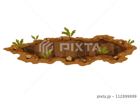 Hole ground. Works digging of sand coal waste rock or gravel. Brown, dry mine element of landscape. Cartoon illustration 112899899