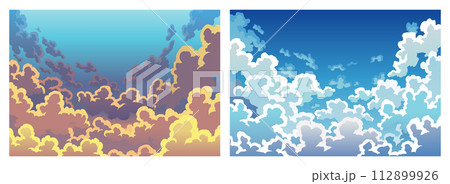 Evening sky clouds set. Morning landscape with clouds and gradient sky in soft pastel colors. Vector colorful heaven sunrise or sunset background 112899926