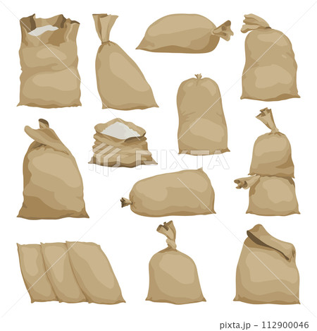 Burlap farmer bag set with flour, rice or salt. Agricultural product. Farm production in brown textile bales, closed and open sacks with white product inside. Cartoon vector icons Burlap farmer bag set with flour, rice or salt. Agricultural product. Farm production in brown textile bales, closed and open sacks with white product inside. Cartoon vector icons 112900046