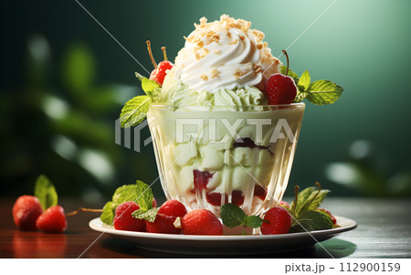 Ice cream sundae with berries sauce and topping strawberry with flake in glass bowl 112900159