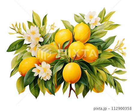Watercolor and painting Blooming white flowers and fresh lemon branch. Lemonade citrus fruit isolated on white background 112900358