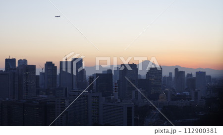 東京・丸の内の丸ビル35階にある展望コーナーから見た、都心の高層ビル群と富士山の夕景 東京・丸の内の丸ビル35階にある展望コーナーから見た、都心の高層ビル群と富士山の夕景 112900381
