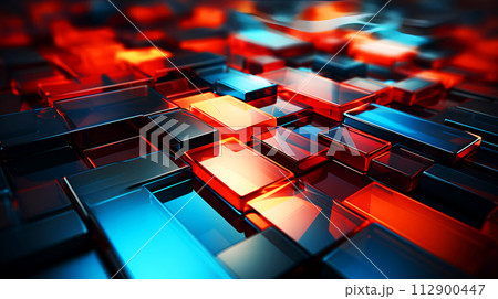 Technology blue red orange clear glass square with reflection light for futuristic digital background 112900447
