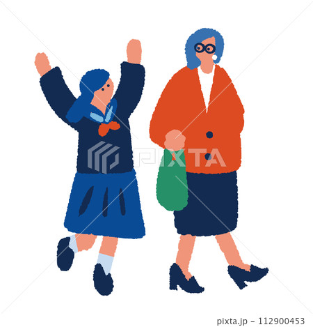 制服を着た中高生と母親のシンプルでフラットなイラスト 112900453