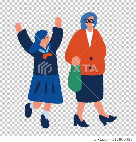 制服を着た中高生と母親のシンプルでフラットなイラスト 112900453