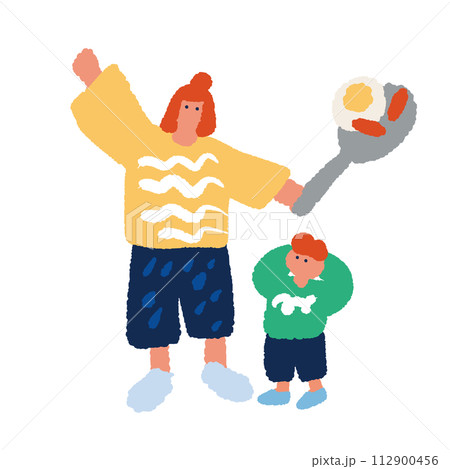 料理をする親子のシンプルでフラットなイラスト 料理をする親子のシンプルでフラットなイラスト 112900456