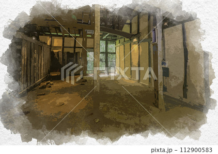 水彩画風　雲南　菅谷たたら山内　元小屋　内蔵　島根県雲南市 112900583