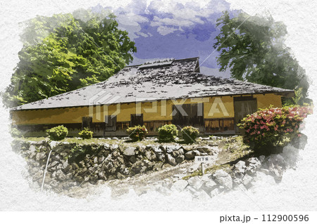 水彩画風　雲南　菅谷たたら山内　高殿　島根県雲南市 112900596