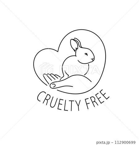 Cruelty free thin line icon. Not tested on animals outline logo sticker for animal friendly product packaging. Cute linear rabbit with text in circle. Vegan eco cosmetics. Simple lined badge 112900699