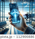 A hand holds a phone displaying a 3D airplane hologram, 112900886