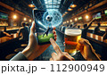 A hand using a mobile phone with a 3D football match 112900949