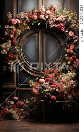 floral hoop digital backdrops. shoot set up with prop Flower and wood backdrop. Flower on hanging round 112901057