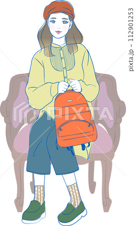 座るかわいい女性_リュックバックパックを持つ座るかわいい女性_花束を持つ_めがね 112901253