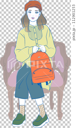 座るかわいい女性_リュックバックパックを持つ座るかわいい女性_花束を持つ_めがね 112901253