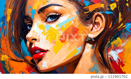 Portrait of a beautiful woman, painted in bright colors 112901702