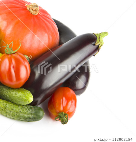 Set of vegetables and fruits isolated on a whit. Free space for text. Set of vegetables and fruits isolated on a whit. Free space for text. 112902184