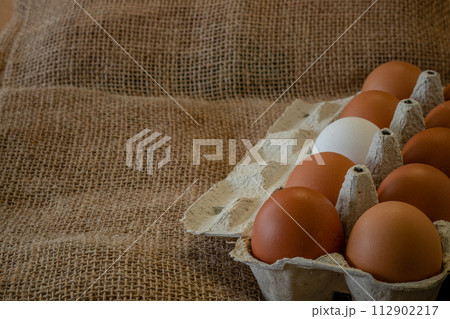Fresh chicken eggs in a paper tray on the table, selective focus Fresh chicken eggs in a paper tray on the table, selective focus 112902217