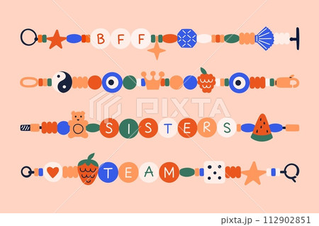 Friendship bracelets. Retro necklace beads, fashion accessories for schools, child creative art, children or kid doodles. Sisters and team. Cute hand jewelry accessory. Vector cartoon symbols Friendship bracelets. Retro necklace beads, fashion accessories for schools, child creative art, children or kid doodles. Sisters and team. Cute hand jewelry accessory. Vector cartoon symbols 112902851