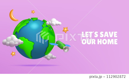 3d world. Earth planet globe for climate or recycle map, sustainable environment green. Render isolated element, web banner design with copy space. Global ecology. Vector cartoon concept 3d world. Earth planet globe for climate or recycle map, sustainable environment green. Render isolated element, web banner design with copy space. Global ecology. Vector cartoon concept 112902872