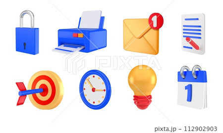3D calendar icons. Unlock padlock. Printer and clock dial. Glass render with print paper. Mail envelope notification. Idea lightbulb. Document page. Business target. Vector symbols set 112902903