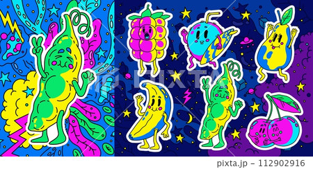 Doodle fruits. Crazy food character. Smiling raspberry and coconut. Berry comic mascot. Summer poster for kid healthy birthday party. Banana and cherry. Vector cartoon color drawings set Doodle fruits. Crazy food character. Smiling raspberry and coconut. Berry comic mascot. Summer poster for kid healthy birthday party. Banana and cherry. Vector cartoon color drawings set 112902916