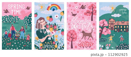 Spring woman. Flower book cover with nature pastel air landscape, fresh girl face paint drawing, Family walking in forest, blossom bouquet, cute house. Poster set. Vector flyer design Spring woman. Flower book cover with nature pastel air landscape, fresh girl face paint drawing, Family walking in forest, blossom bouquet, cute house. Poster set. Vector flyer design 112902925