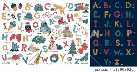 Children alphabet. English font letters. Flower and forest animals. Typography words on school learn poster. Uppercase and lowercase. Words vocabulary. Kids education. Vector study banner 112902926