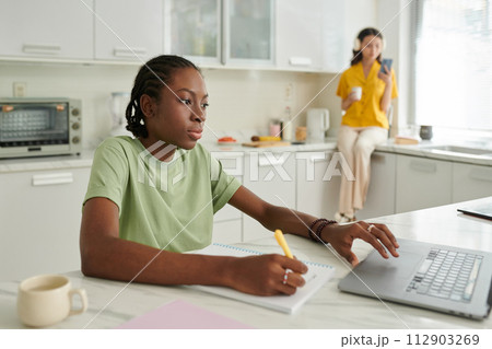 Black college student working on laptop at kitchen counter 112903269