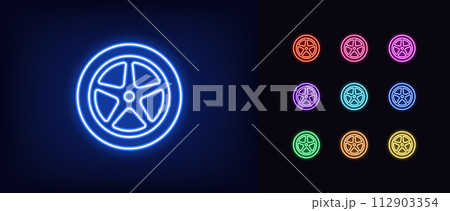 Outline neon car wheel icon set. Glowing neon car tire with rim. Car tyres shop, wheel balancing and vehicle service, racing tires, sport car wheels, automobile rim repair, rally race. Vector icon set 112903354