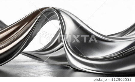 Abstract fluid metal bent form. Metallic shiny curved wave in motion. Design element steel texture effect. 112903552