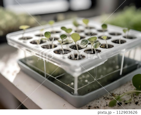 Hydroponic growing plants in artificial environment. Home greenhouse for vegetables. Young sprout in incubator. 112903626