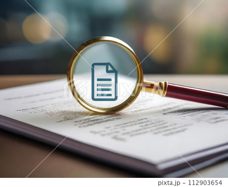 Magnifying glass, concept of information search and document authentication. Zoom object. Magnifying glass, concept of information search and document authentication. Zoom object. 112903654