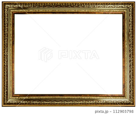 Antique Gold Brown Classic Old Vintage Wooden Rectangle mockup canvas frame isolated on white. Blank and diverse subject molding baguette. Design element. use for paint, mirror or photo 112903798