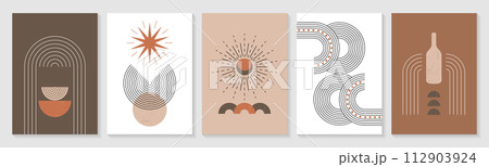 Boho zen arch posters with abstract linear geometric shapes and simple figures 112903924