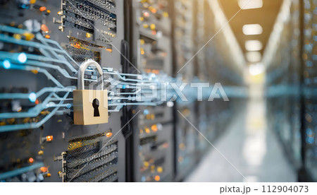 Padlock Securing Server Wall in Data Center. Generative AI 112904073