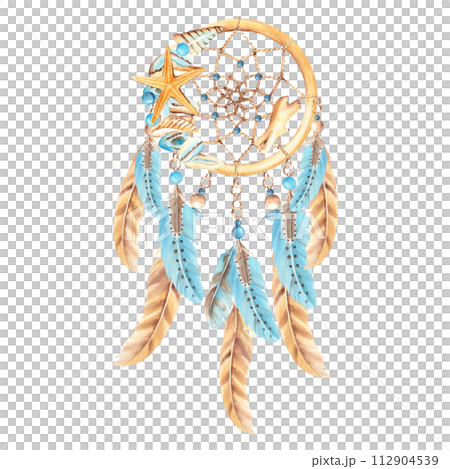Dream catcher with sea shells and stones and wooden stocks, beads and blue and beige feathers. Watercolor hand drawn illustration on a white background. Bohemian decoration, chic design. American 112904539