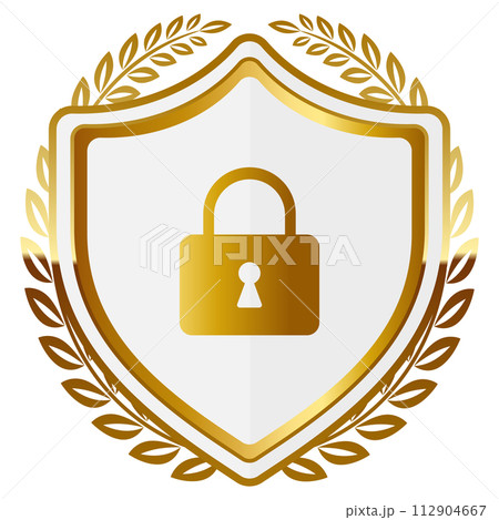 高級感のあるセキュリティ対策エンブレム　ホワイト＆ゴールド 112904667