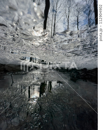 thin transparent ice on a puddle in the park on a spring day, foliage through the ice, dry grass through ice thin transparent ice on a puddle in the park on a spring day, foliage through the ice, dry grass through ice 112904902