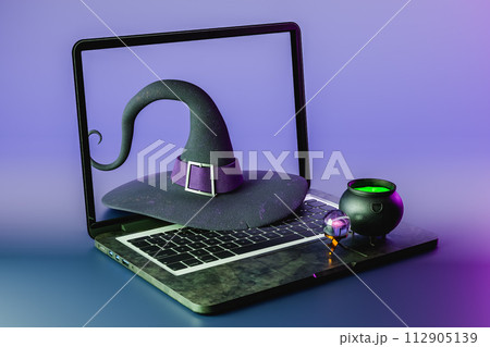 3d rendering of open laptop with black Halloween witch hat cauldron LED Light 112905139