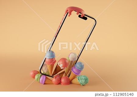 3d rendering of mockup smartphone with colored ice cream in studio 112905140