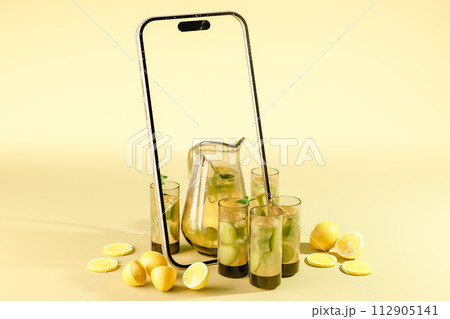 3d rendering of mockup smartphone with glasses of refreshing citrus juice and slices 112905141