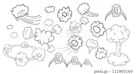 Comic motion effect, clouds speed way, trail set fast wind swirl, puff poof elements isolated on white background. Blow explosion 112905169