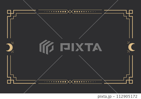 Line golden frame, celestiam minimal esoteric border, mystyc linear decoration with dots, corners isolated on dark background. Geometric shape, tarrot Line golden frame, celestiam minimal esoteric border, mystyc linear decoration with dots, corners isolated on dark background. Geometric shape, tarrot 112905172