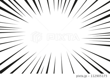 Manga line action effect radial rays, burst frame comic book motion black and white, monochrome style, anime super hero decoration, speed or explosion design. 112905173